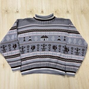 Vintage Hot Cashews Sweater Womens Large Gray Striped Bird Floral Knit Pullover